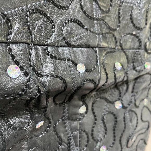 Leather Sequin Embroidered Straight Pencil Skirt Women Small Black Elegant - Picture 5 of 14